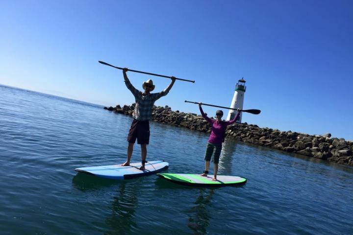 Paddle boarders raising paddles